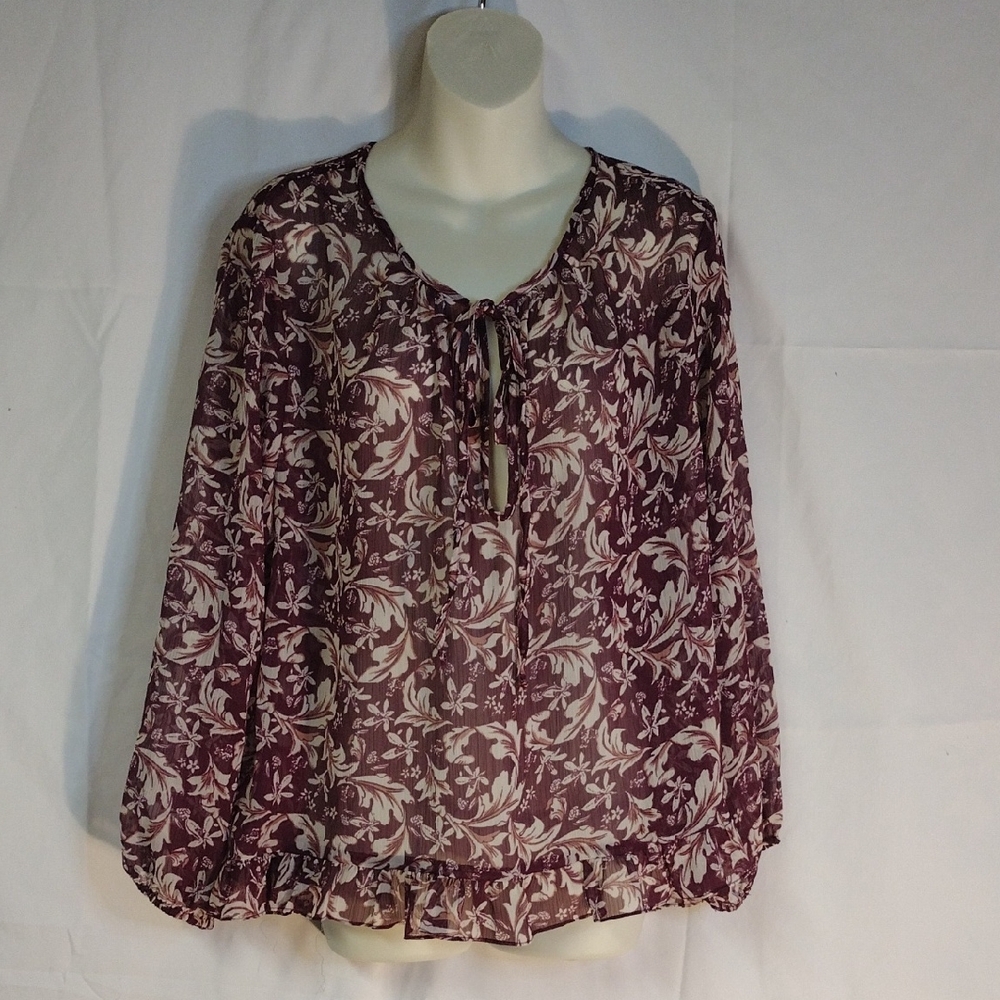 Marybelle Floral Sheer Blouse With A Tie Neckline, Purple Size 2X